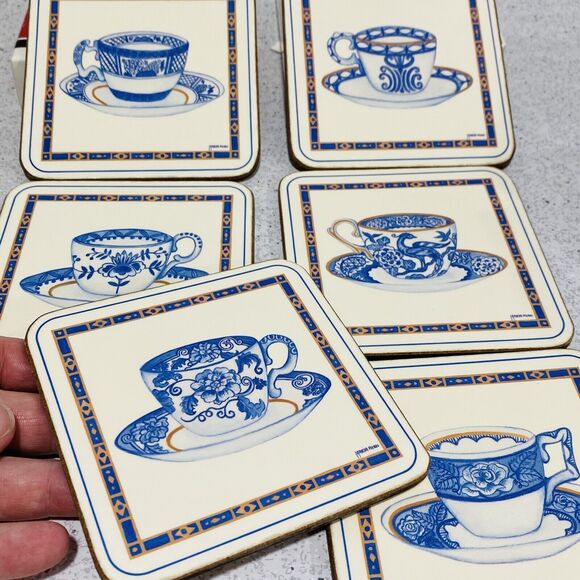 NEW Vintage Pimpernel Coasters Blue/White Teacups Boxed Set of 6 Cork England - Picture 6 of 11